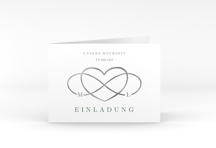 Hochzeitseinladung Infinity A6 Klappkarte quer gruen silber