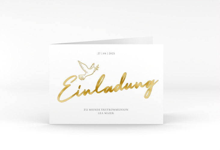 Kommunionseinladung Goldtaube A6 Klappkarte quer weiss gold