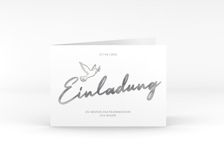 Kommunionseinladung Goldtaube A6 Klappkarte quer weiss silber