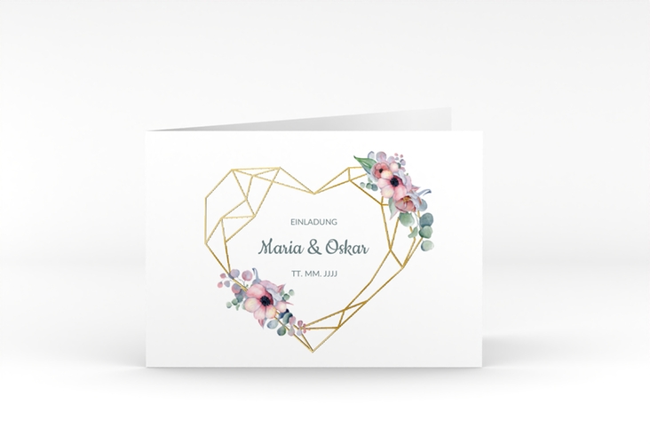 Hochzeitseinladung Herzgold A6 Klappkarte quer weiss gold