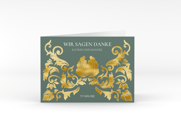 Danksagungskarte Hochzeit Royal A6 Klappkarte quer gruen gold mit barockem Blumen-Ornament