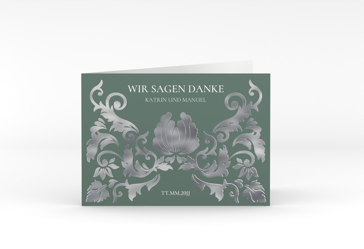 Danksagungskarte Hochzeit Royal A6 Klappkarte quer gruen silber mit barockem Blumen-Ornament