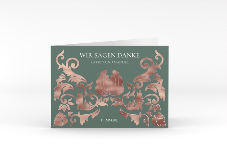 Danksagungskarte Hochzeit Royal A6 Klappkarte quer gruen rosegold mit barockem Blumen-Ornament