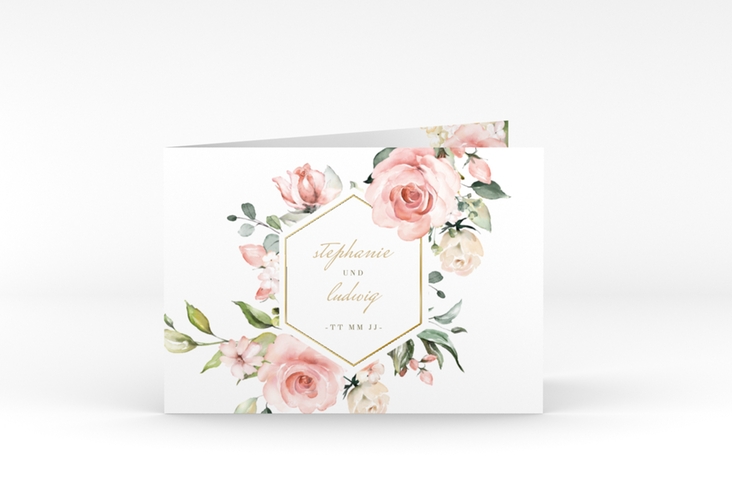 Dankeskarte Hochzeit Graceful A6 Klappkarte quer weiss gold mit Rosenblüten in Rosa und Weiß