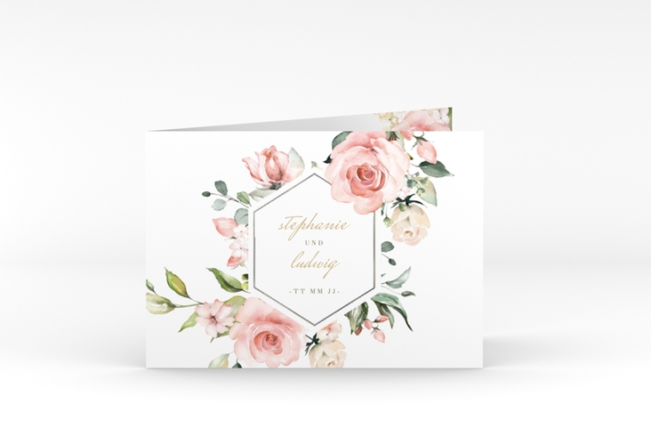 Dankeskarte Hochzeit Graceful A6 Klappkarte quer weiss silber mit Rosenblüten in Rosa und Weiß
