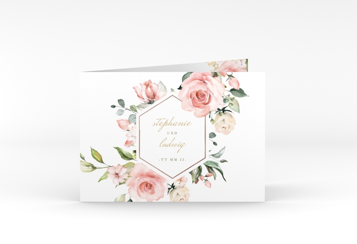 Dankeskarte Hochzeit Graceful A6 Klappkarte quer weiss rosegold mit Rosenblüten in Rosa und Weiß