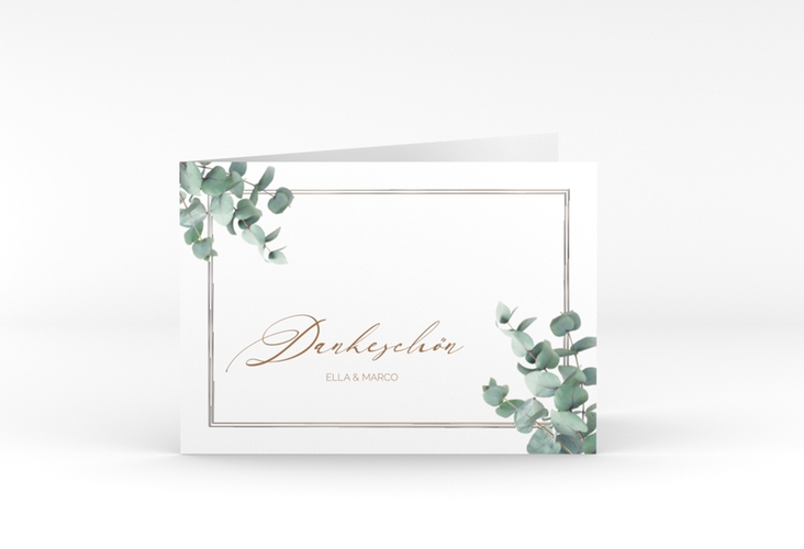 Dankeskarte Hochzeit Eucalypt A6 Klappkarte quer weiss silber mit Eukalyptus und edlem Rahmen