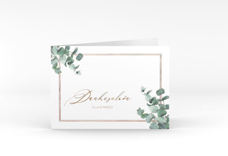 Dankeskarte Hochzeit Eucalypt A6 Klappkarte quer weiss rosegold mit Eukalyptus und edlem Rahmen