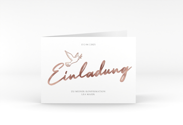 Konfirmationseinladung Edeltaube A6 Klappkarte quer weiss rosegold