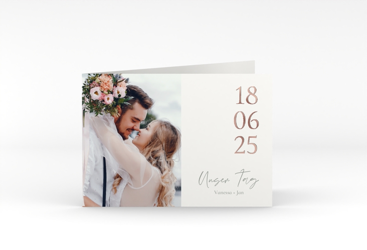 Danksagungskarte Hochzeit Day A6 Klappkarte quer weiss rosegold mit Datum im minimalistischen Design