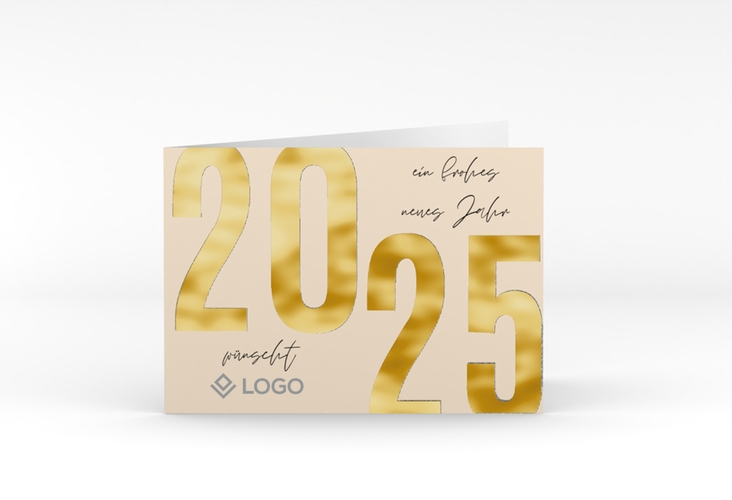 Geschäftliche Weihnachtskarte Jahresanfang A6 Klappkarte quer beige gold