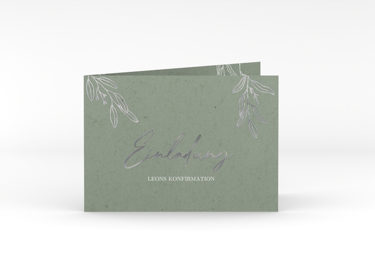 Konfirmationseinladung Grüne Natur A6 Klappkarte quer gruen silber