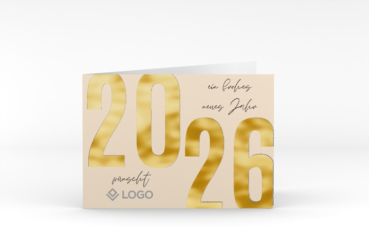 Geschäftliche Weihnachtskarte Jahresanfang A6 Klappkarte quer beige gold
