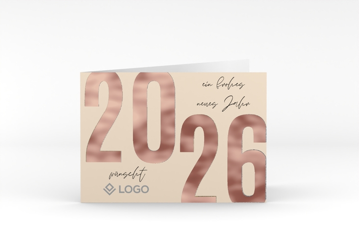 Geschäftliche Weihnachtskarte Jahresanfang A6 Klappkarte quer beige rosegold