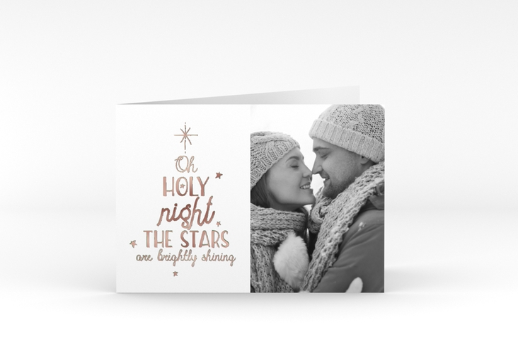 Weihnachtskarte Winterhimmel A6 Klappkarte quer gruen rosegold mit Handlettering-Text und Foto