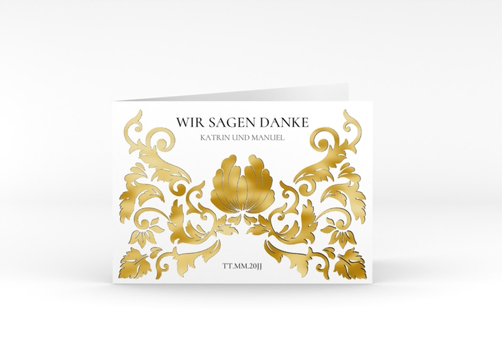 Danksagungskarte Hochzeit Royal A6 Klappkarte quer weiss gold mit barockem Blumen-Ornament