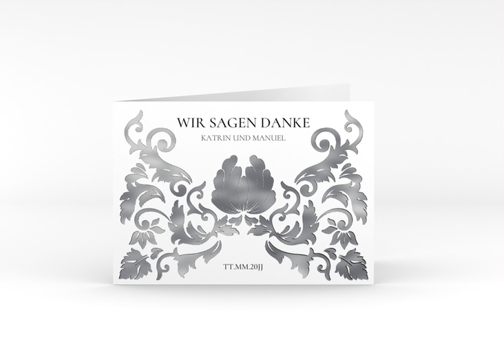 Danksagungskarte Hochzeit Royal A6 Klappkarte quer weiss silber mit barockem Blumen-Ornament