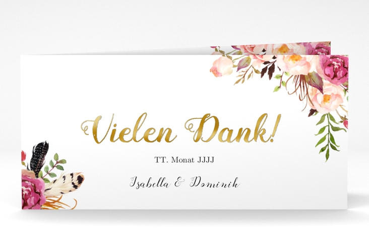 Danksagungskarte Hochzeit Flowers lange Klappkarte quer weiss gold mit bunten Aquarell-Blumen