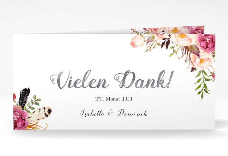 Danksagungskarte Hochzeit Flowers lange Klappkarte quer weiss silber mit bunten Aquarell-Blumen