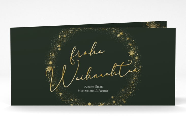 Geschäftliche Weihnachtskarte Glitzerkranz lange Klappkarte quer gruen gold mit Kranz aus Eiskristallen und eleganter Aufschrift frohe Weihnachten