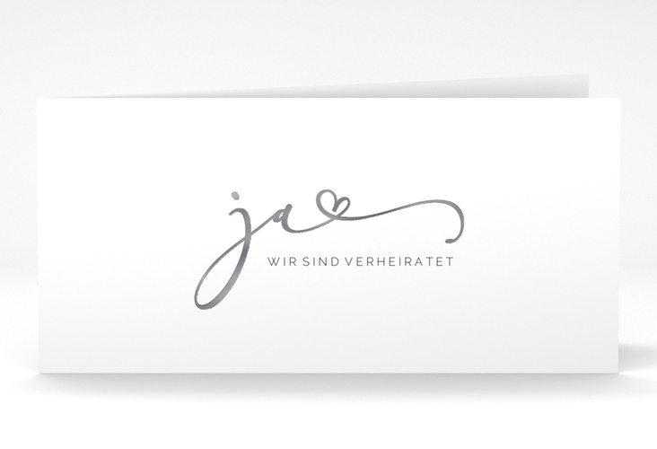 Danksagungskarte Hochzeit Jawort lange Klappkarte quer weiss silber modern minimalistisch mit veredelter Aufschrift