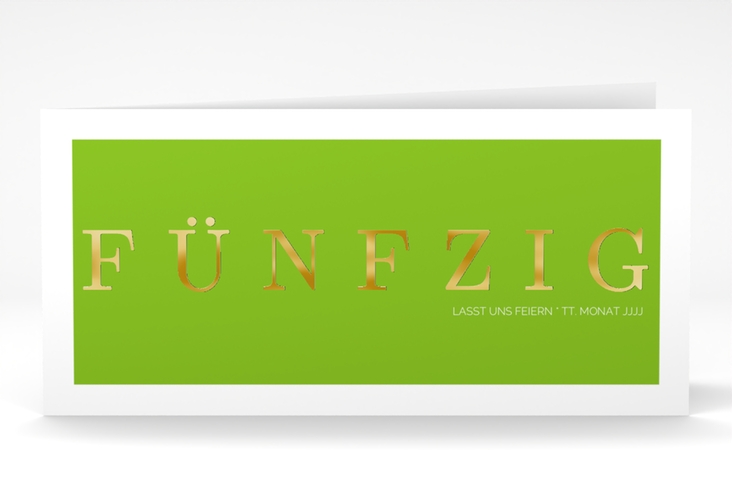 Einladung 50. Geburtstag Schlicht lange Klappkarte quer gruen gold