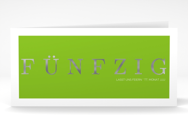 Einladung 50. Geburtstag Schlicht lange Klappkarte quer gruen silber