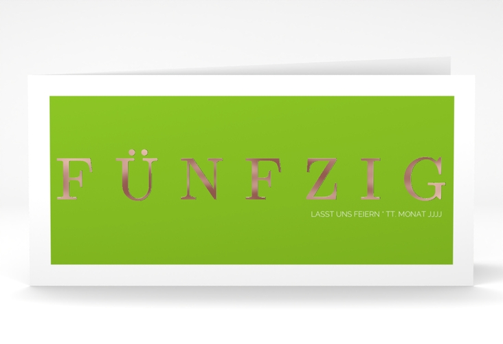 Einladung 50. Geburtstag Schlicht lange Klappkarte quer gruen rosegold