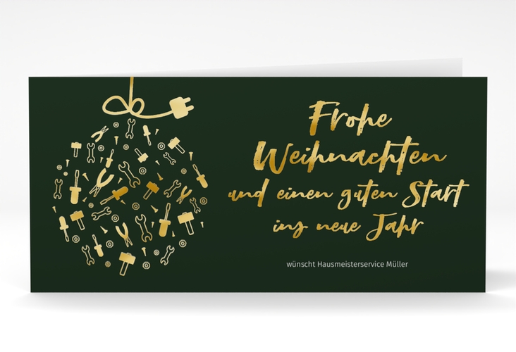 Business-Weihnachtskarte Werkzeugkugel lange Klappkarte quer gruen gold mit Weihnachtskugel aus Werkzeugen