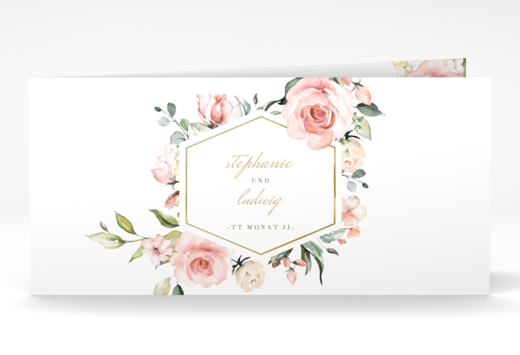 Danksagungskarte Hochzeit Graceful lange Klappkarte quer weiss gold mit Rosenblüten in Rosa und Weiß