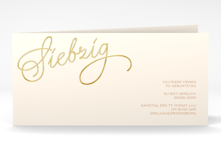 Einladung 70. Geburtstag Schwungvoll lange Klappkarte quer beige gold