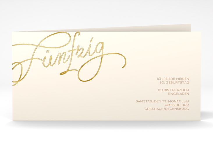 Einladung 50. Geburtstag Schwungvoll lange Klappkarte quer beige gold