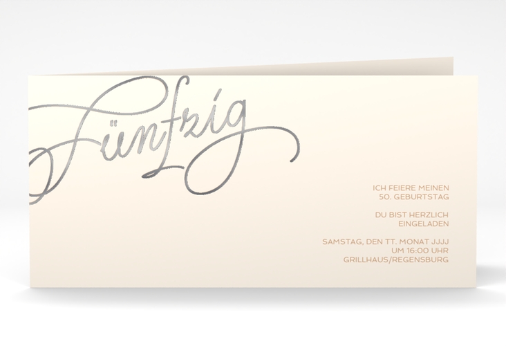 Einladung 50. Geburtstag Schwungvoll lange Klappkarte quer beige silber