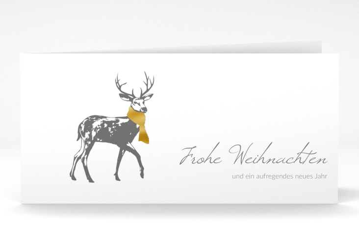Geschäftliche Weihnachtskarte Hirsch lange Klappkarte quer weiss gold mit Hirsch mit Schal