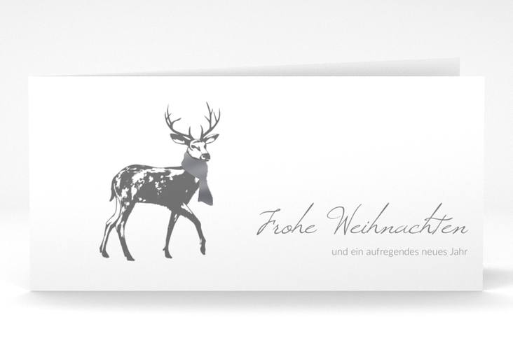 Geschäftliche Weihnachtskarte Hirsch lange Klappkarte quer weiss silber mit Hirsch mit Schal