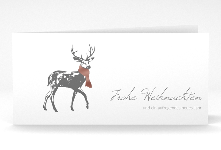 Geschäftliche Weihnachtskarte Hirsch lange Klappkarte quer weiss rosegold mit Hirsch mit Schal