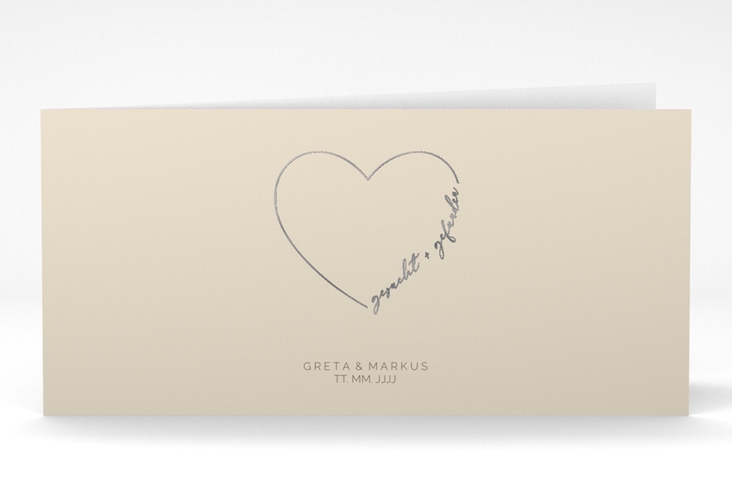 Danksagungskarte Hochzeit Lebenstraum lange Klappkarte quer beige silber