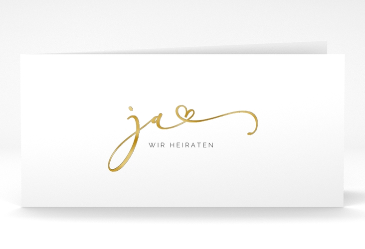 Hochzeitseinladung Jawort lange Klappkarte quer weiss gold modern minimalistisch mit veredelter Aufschrift