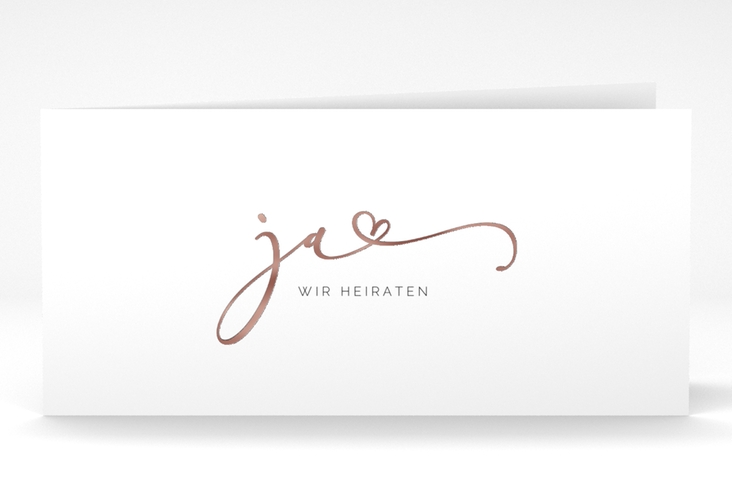 Hochzeitseinladung Jawort lange Klappkarte quer weiss rosegold modern minimalistisch mit veredelter Aufschrift