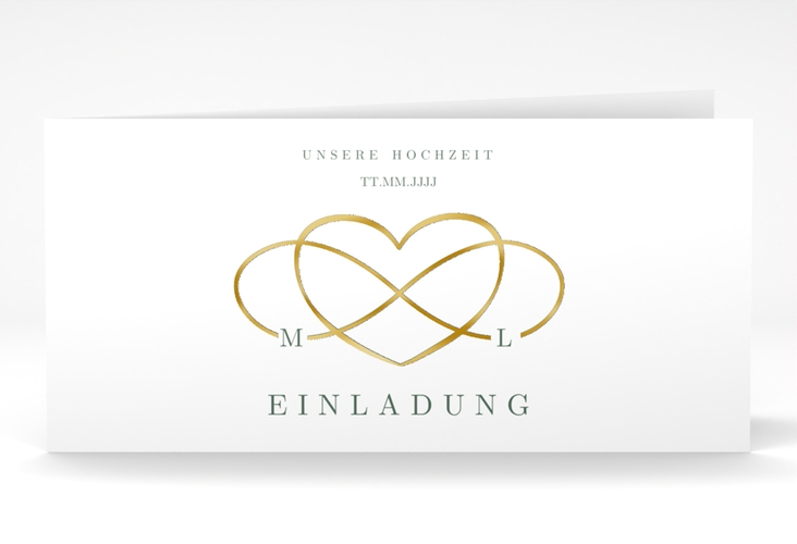 Hochzeitseinladung Infinity lange Klappkarte quer gruen gold