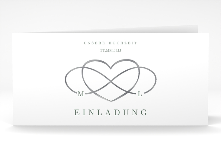 Hochzeitseinladung Infinity lange Klappkarte quer gruen silber
