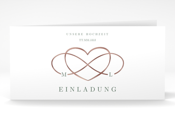 Hochzeitseinladung Infinity lange Klappkarte quer gruen rosegold