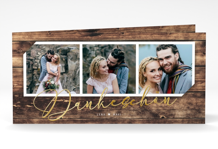 Dankeskarte Hochzeit Rustic lange Klappkarte quer braun gold
