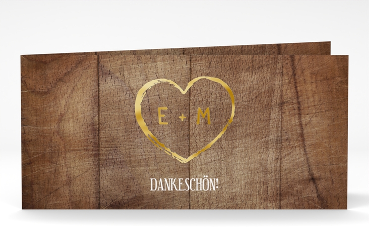Danksagungskarte Hochzeit Wood lange Klappkarte quer braun gold