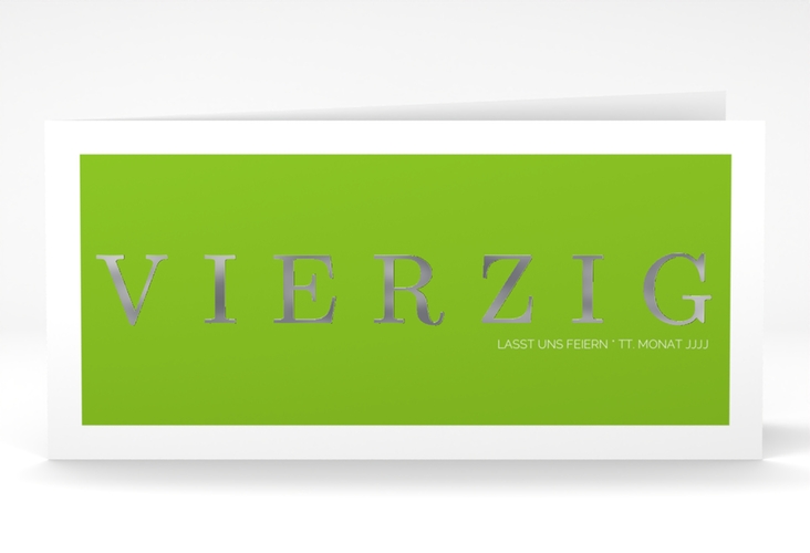 Einladung 40. Geburtstag Schlicht lange Klappkarte quer gruen silber