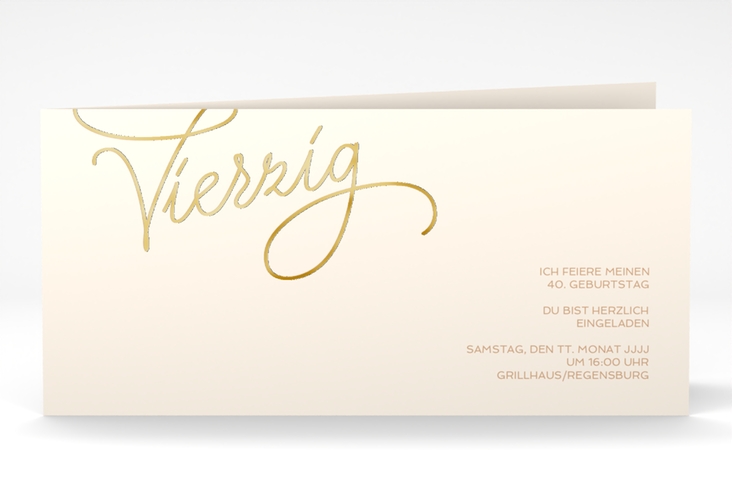 Einladung 40. Geburtstag Schwungvoll lange Klappkarte quer beige gold