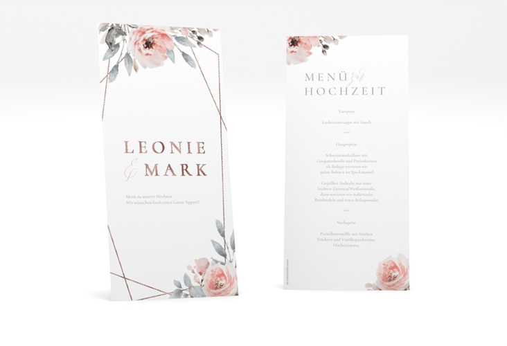 Menükarte Hochzeit Perfection lange Karte hoch weiss rosegold mit rosa Rosen