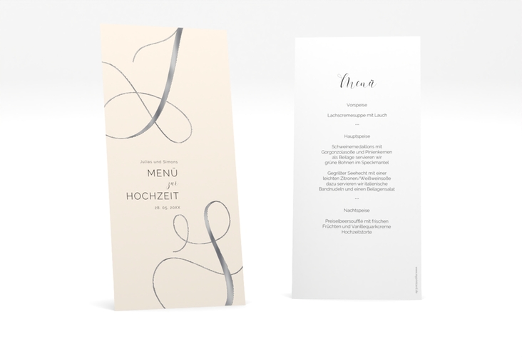 Menükarte Hochzeit Eheschließung lange Karte hoch beige silber