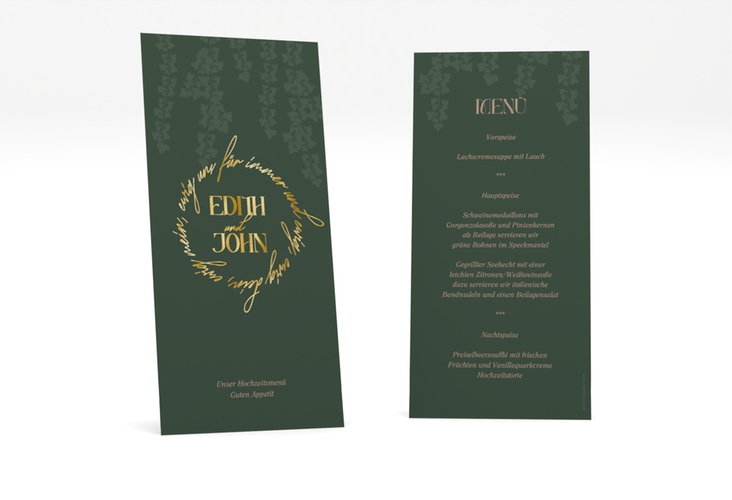 Menükarte Hochzeit Efeugrün lange Karte hoch gruen gold im Fantasy-Elfen-Design mit Efeu