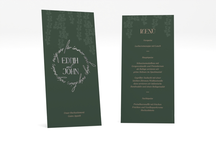 Menükarte Hochzeit Efeugrün lange Karte hoch gruen silber im Fantasy-Elfen-Design mit Efeu